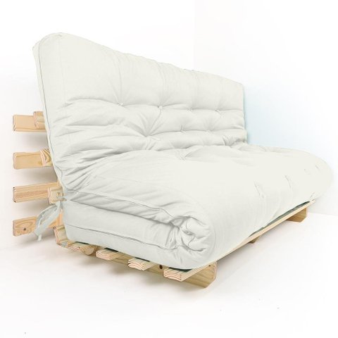 Sofa Cama Futon Oriental King Branco Off Sarja Impermeável Madeira Maciça Pinus Natural Sem