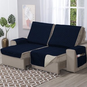 Protetor de Sofá Retrátil Capa 3 Lugares 1,80m de Assento Dupla Face Azul Marinho e Bege