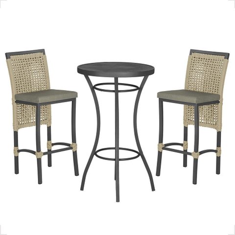 Mesa Bistrô e 2 Banquetas Roma Preta Corda Náutica Estofado 8 Trama Original
