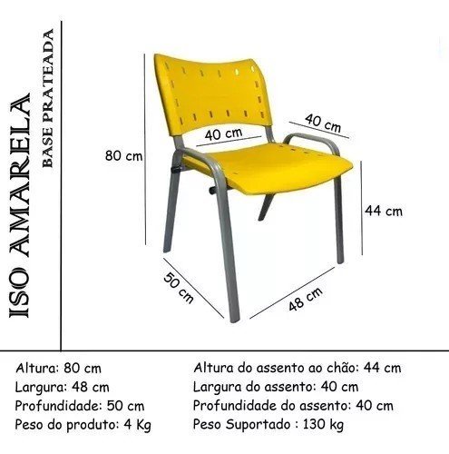 Kit Com 10 Cadeiras Iso Para Escola Escritório Comércio Amarela Base Prata - 3