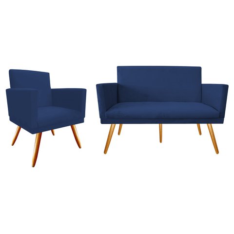 Kit Namoradeira + 1 Poltrona Decorativa Nina Suede Azul Marinho Pés Madeira Mz Decor