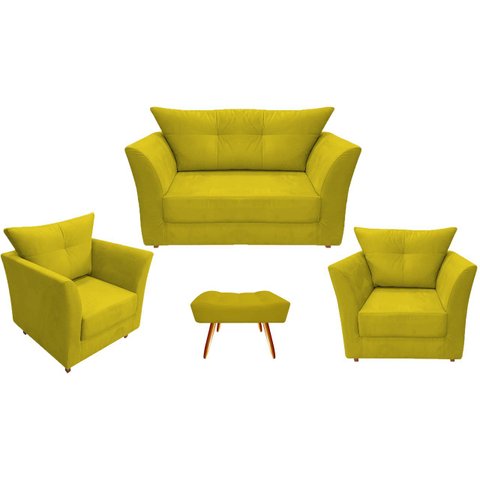 Kit Namoradeira + 2 Poltronas Decorativa Isis + 1 Puff Retangular Couro Amarelo Pés Madeira Ms Decor