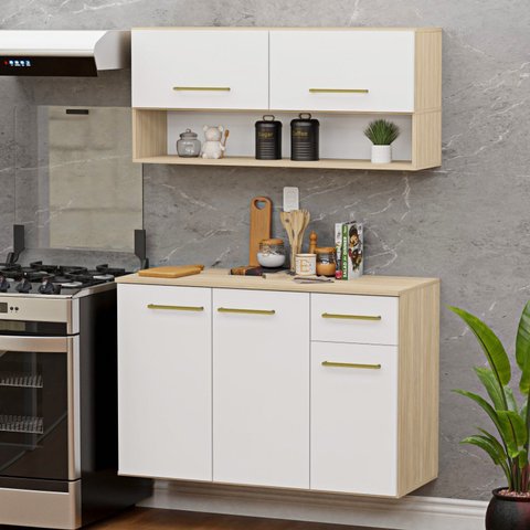 Conjunto Cozinha Aura Armário Aéreo e Balcão Suspenso Auxiliar 1,5cm Branco/Dubai