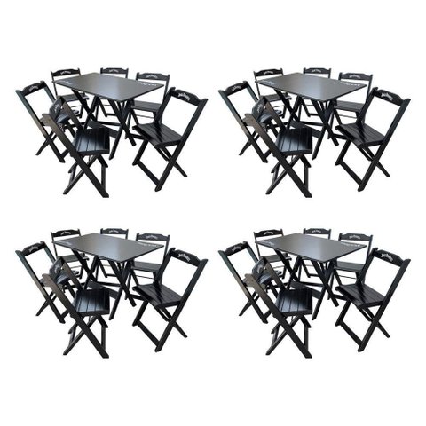 Kit 4 Conjuntos Mesa Dobrável Madeira 110x70 com 6 Cadeiras Personalizada Jack Preta - Cor: Preto