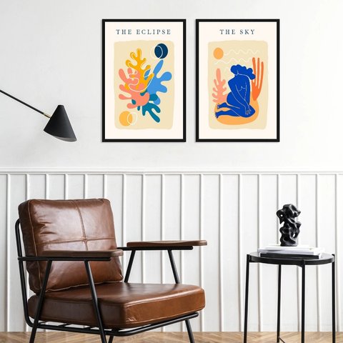 Kit 2 Quadros Arte Matisse Eclipse e The Sky 24x18cm - com Vidro:moldura Preta