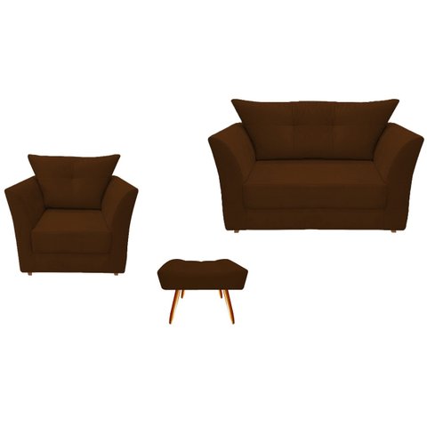 Kit Namoradeira + 1 Poltrona Decorativa Isis + 1 Puff Retangular Couro Marrom Pés Madeira Ms Decor