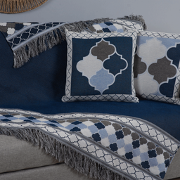 Kit 5 Peças Xale para Sofá 1,35x1,35m com Almofadas Cheias Dupla Face Grécia Jacquard Cor Azul - 3