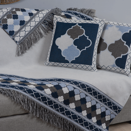 Kit 5 Peças Xale para Sofá 1,35x1,35m com Almofadas Cheias Dupla Face Grécia Jacquard Cor Azul - 2