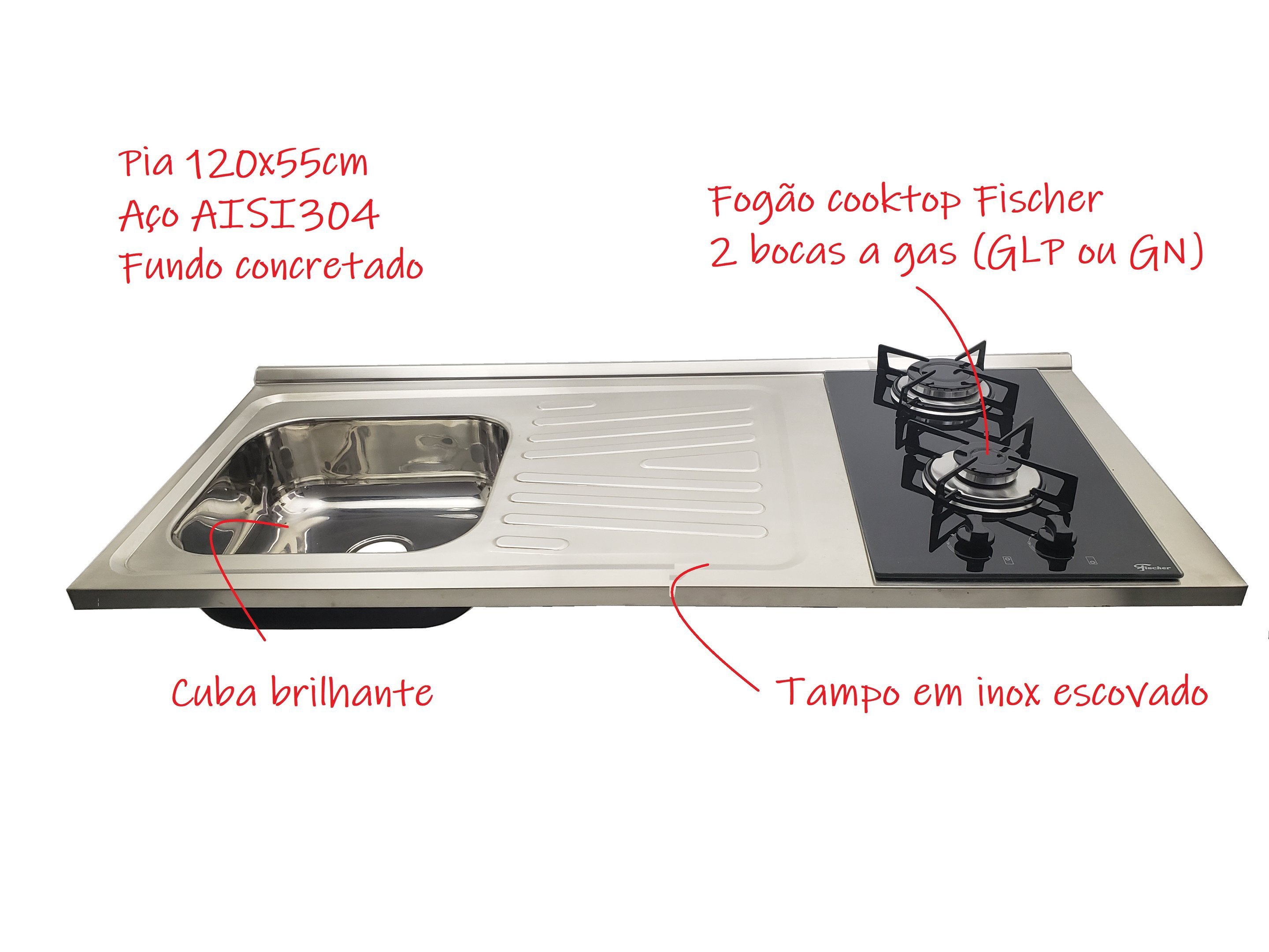 Pia Fogão Gás 2 bocas Fabrinox 120x55cm, cuba esquerda - 2