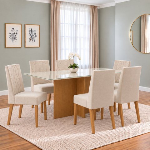 Conjunto Sala de Jantar Mesa Lana 160cm Tampo MDF Vidro Canto Reto 6 Cadeiras Flavia