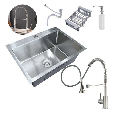 Kit Cuba Pia Aço Inox Quadrada Cozinha e Torneira Flexível Extensível
