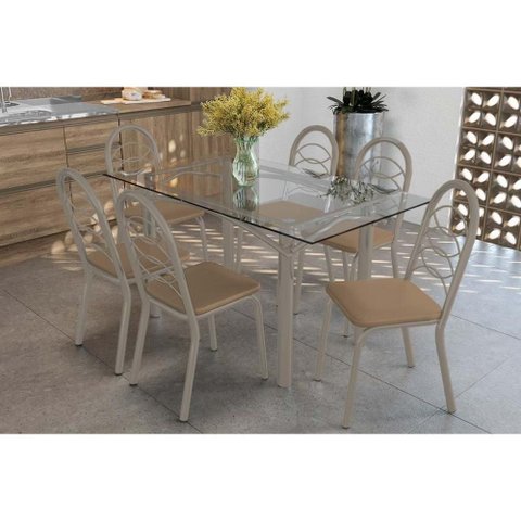 Conjunto: Mesa de Cozinha Elba C/ Tampo de Vidro 150cm e 6 Cadeiras Holanda Niquel - Courano