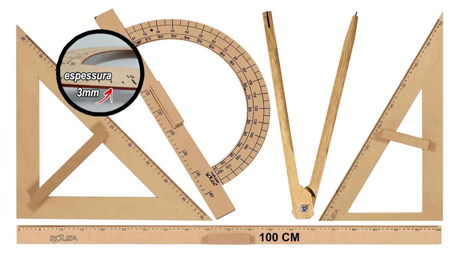 Kit Geométrico do Professor Mdf Com Régua Com Régua 1 Metro, Compasso Para Giz 40 cm, Esquadro 30/60 - 1