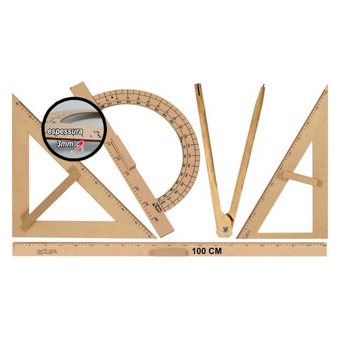 Kit Geométrico do Professor Mdf Com Régua Com Régua 1 Metro, Compasso Para Giz 40 cm, Esquadro 30/60