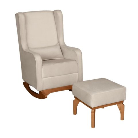 Poltrona Amamentação Balanço Retro Base Madeira com Puff Valentina Veludo Off - Mirra Decor