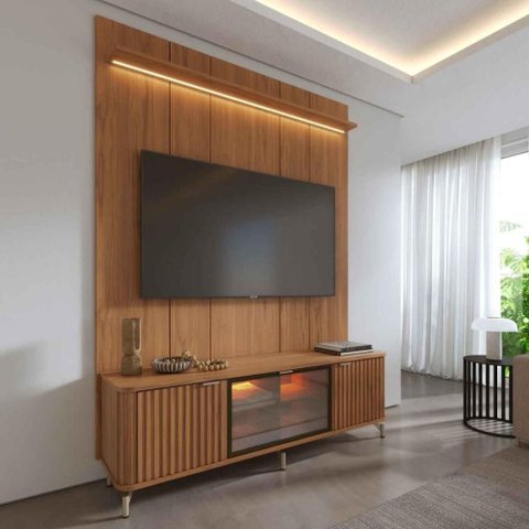 Rack com Painel para TV 75 Polegadas 100% MDF Vidro Reflecta LED 3 Portas 178cm Neon Float Canella