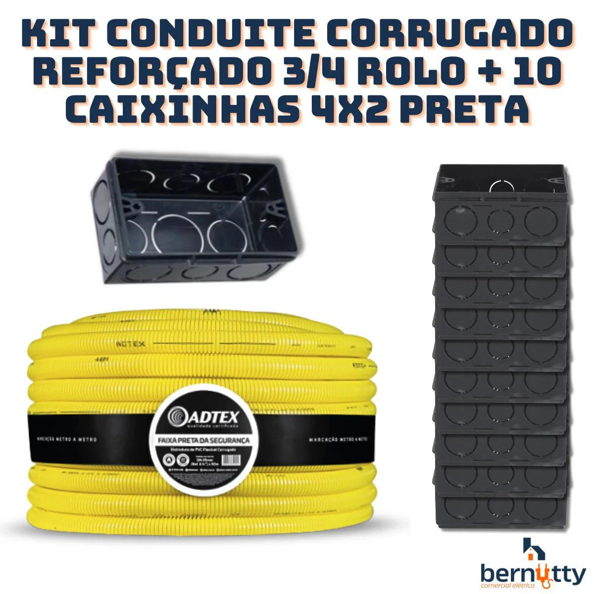 Kit Conduite Corrugado Reforçado 3/4 Rolo + 10 Caixinhas 4x2 Preta - 2