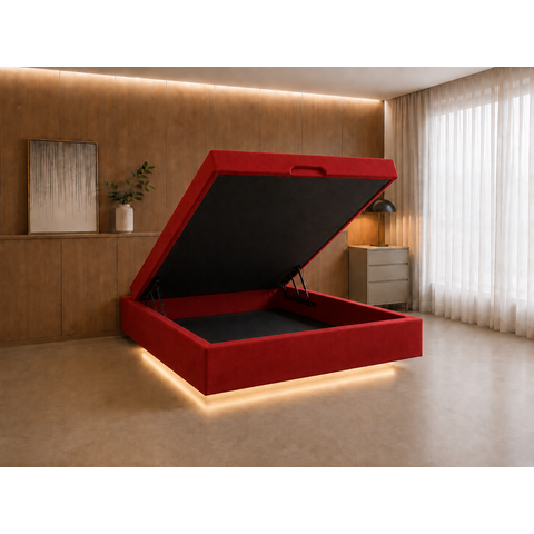 Cama Box Baú Casal Flutuante com LED, Encaixe para Colchão e Puxador Embutido:Vermelho