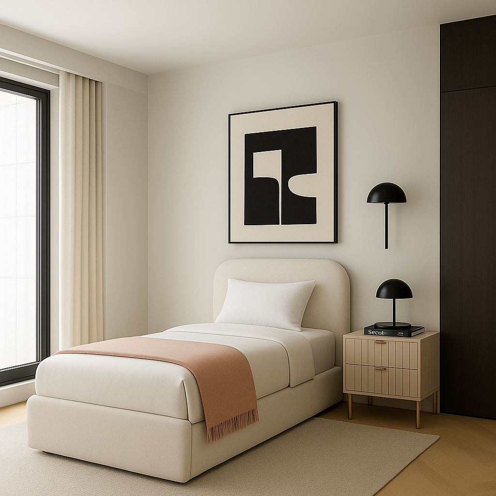 Cama Solteiro Cabeceira Estofada Quarto Moderno Alto Padrão:linho Off White
