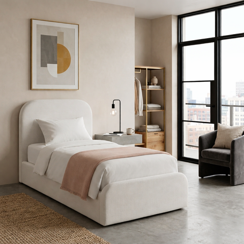 Cama Solteiro Cabeceira Estofada Quarto Moderno Alto Padrão:linho Off White