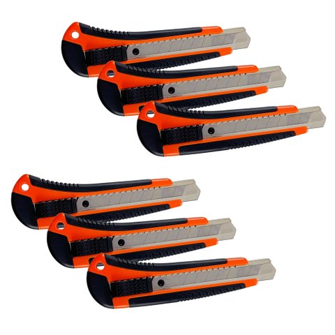 Kit 6 Pçs Estilete Metálico Emborrachado Largo Lâmina 18mm Empacotamento Multiuso