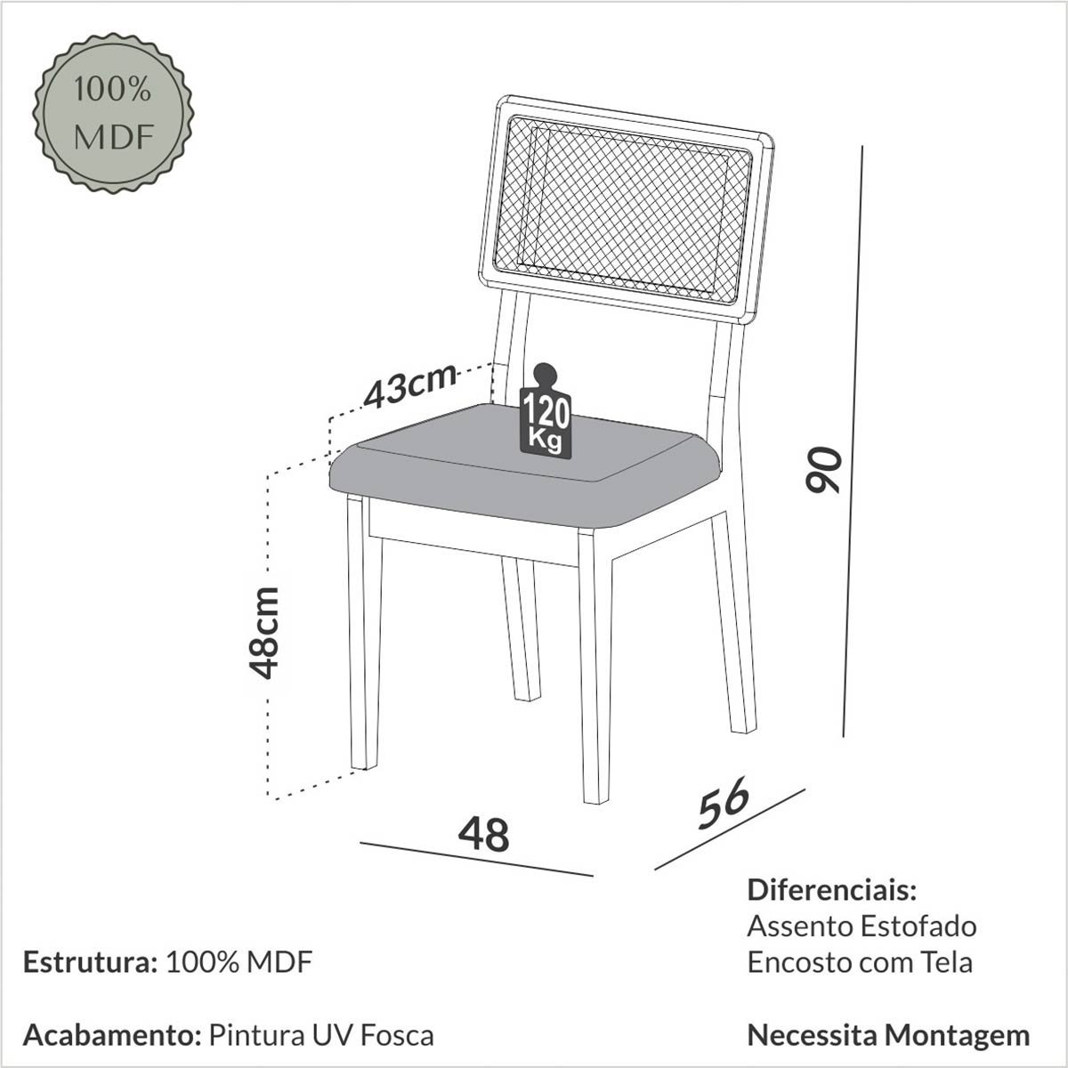 Kit 4 Cadeiras com Assento Estofado Encosto em Tela 100% Mdf Freijó Bege Rústico Dalla Costa - 4