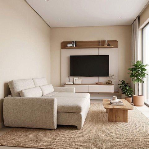 Conjunto Sala Concept + Charlie 3 Lugares MDP-MDF Linho Turco Bege Conffort Casa