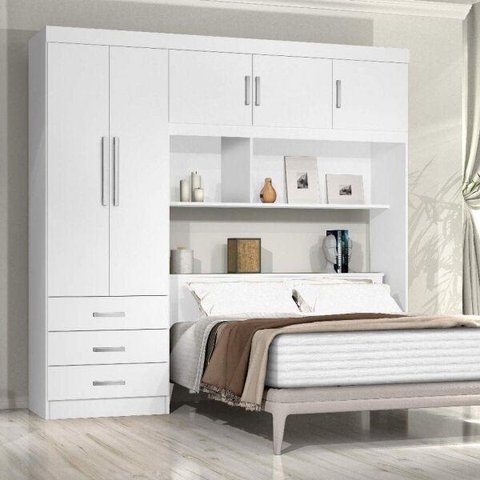 Guarda-Roupa Casal com Cabeceira Baú 5 Portas 3 Gavetas e Prateleiras Cancun Yescasa Branco