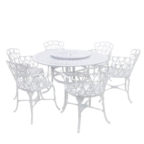 Mesa Giratória de Jardim com Cadeiras de Alumínio Fundido Viena Branco