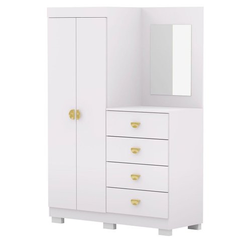 Cômoda Guarda-roupa com 4 Gavetas e 5 Prateleiras com Espelho Cristine Branco/camarim