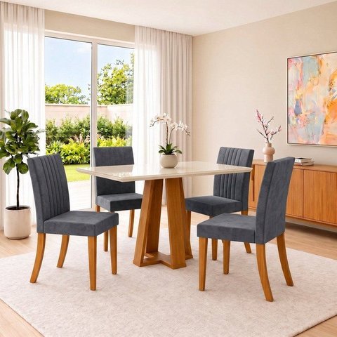Conjunto Sala de Jantar Mesa Lisa 120cm Tampo de Vidro Canto Reto 4 Cadeiras Lily