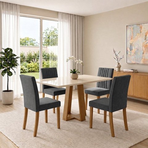 Conjunto Sala de Jantar Mesa Lisa 120cm Tampo de Vidro Canto Reto 4 Cadeiras Lily