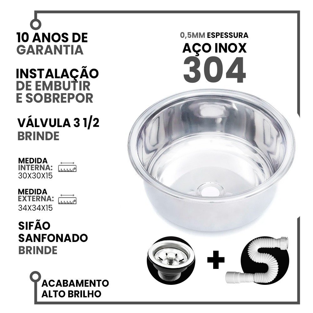 Cuba Redonda Cozinha 30 Cm Aço Inox 304 com Válvula e Sifão - 2