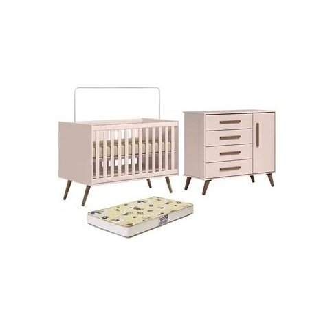 Berço Mini Cama com Colchão e Cômoda Q Encanto Retrô Rosa Qmovi