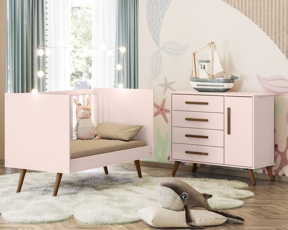 Berço Mini Cama com Colchão e Cômoda Q Encanto Retrô Rosa Qmovi - 2