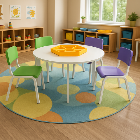 Jogo de Mesa Infantil com Organizador e com 4 Cadeiras Coloridas Resistentes Creche Escola Atividade