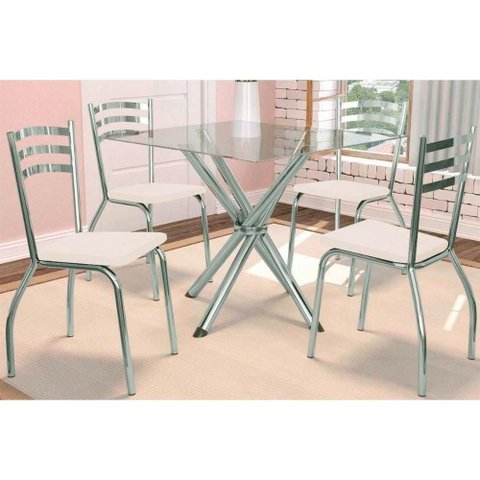 Sala de Jantar Completa Volga C/ Tampo de Vidro 90cm e 4 Cadeiras Portugal Cromada - Courano Branco
