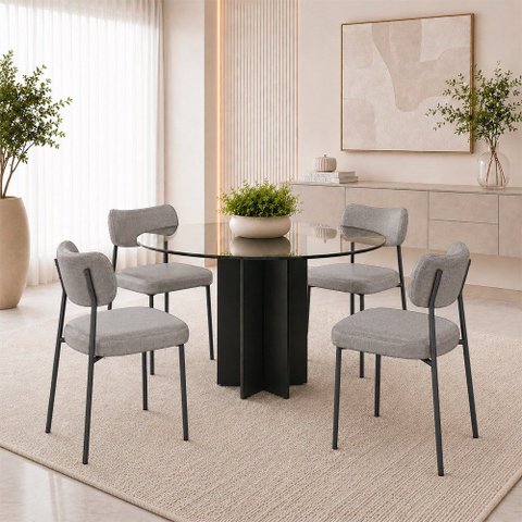 Kit 4 Cadeiras Sala de Jantar Lisa Pés Preto Linho Cinza m² - Monari Design