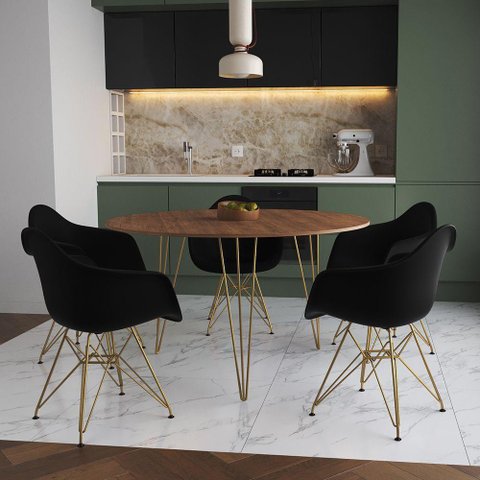 Mesa Jantar Redonda 110cm Amêndoa Clips 3 Pés com 5 Poltronas Pretas Base Dourada - Cor: Amendoa