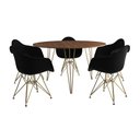 Ver imagem 6 de Mesa Jantar Redonda 110cm Amêndoa Clips 3 Pés com 5 Poltronas Pretas Base Dourada - Cor: Amendoa