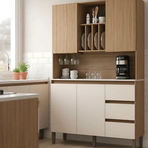 Armário Kit Cozinha Compacto  4 Portas 3 Gavetas Ac4430 120cm Naturalle/Cristalo/Petra - Decibal