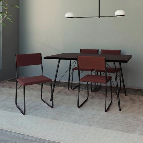 Mesa Jantar Paraty 120cm Tampo Preto com 4 Cadeiras Angra Estofadas Preta e Marrom