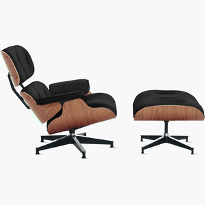 Poltrona Charles Eames com Banqueta Madeira Freijó em Couro Legítimo Preto