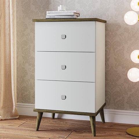 Mesa de Cabeceira Ravi com 3 Gavetas e Pés de Madeira Branco/Amendoa