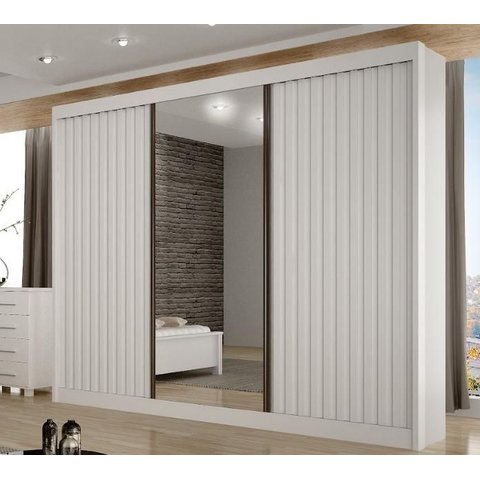 Guarda Roupa Casal com Espelho 100% MDF 3 Portas de Correr 6 Gavetas Ripado San Marino Branco - Leifer