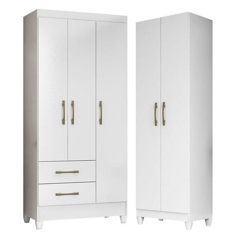 Guarda Roupa Infantil Lima e Armário Multiuso New Iris Branco Brilho - Moval