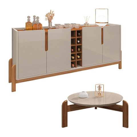 Aparador 190 Com Mesa de Centro Lizz Pés de Madeira Maciça Off White/Cedro