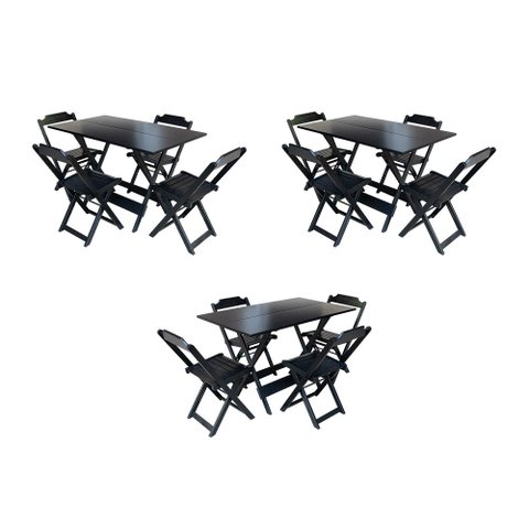 Kit 3 Jogos de Mesa Retangular Dobravel em Madeira Padrão 120x70 com 4 Cadeiras - Preto