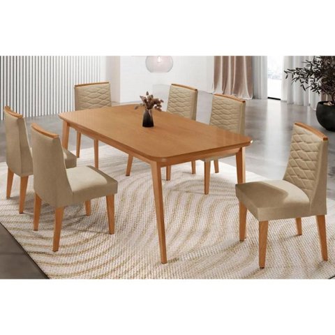 Conjunto: Mesa Sala Jantar Havana Tampo Curvo 180cm+6 Cadeiras Maldivas Madeira Naturale - Capuccino