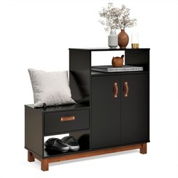 Sapateira com Banco Organic 3 Portas Pés de Madeira Maciça Preto - 1